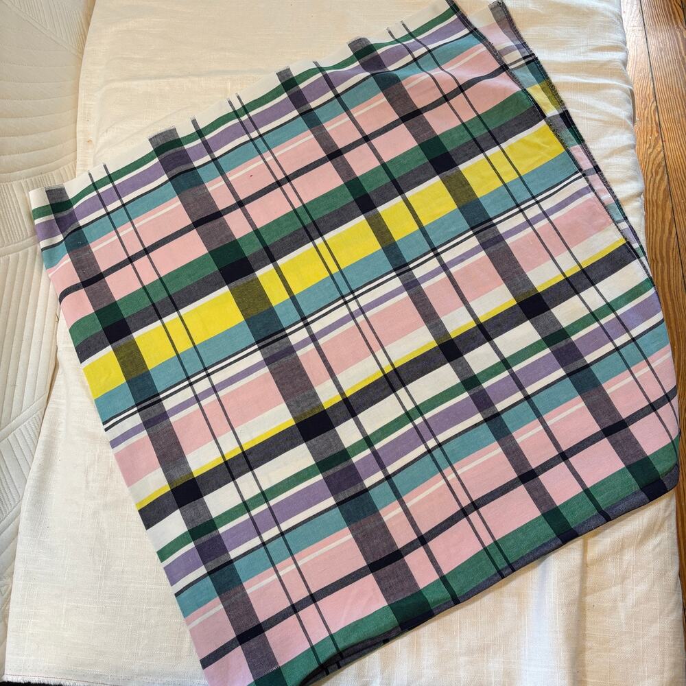 Vintage Plaid Tablecloth 49" Square Pink Yellow Blue Green MCM Retro Picnic
